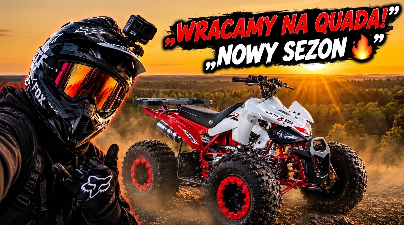 Przykładowa miniaturka YouTube: quad o zachodzie słońca z napisem Nowy sezon