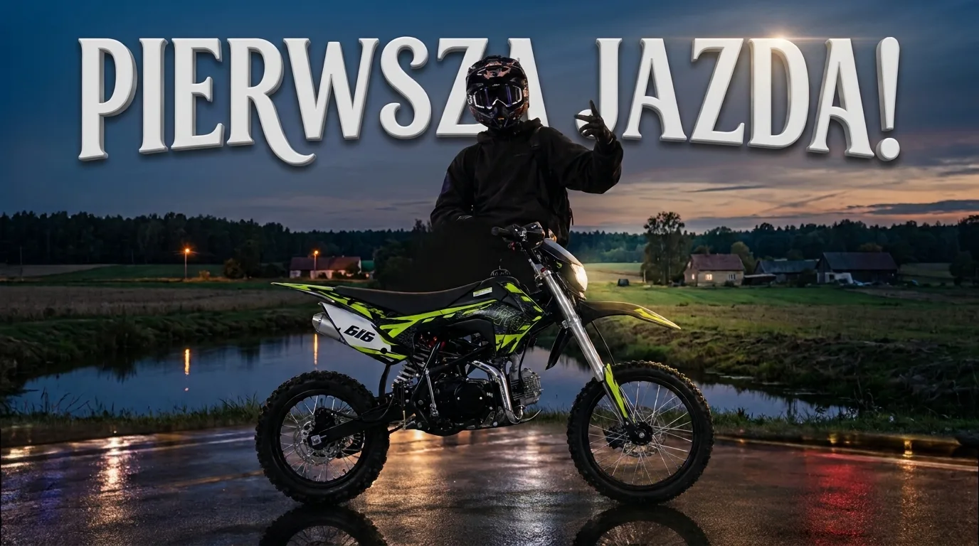 Miniaturka DRACO Studio: napis Pierwsza jazda i cross nad wodą o zmierzchu